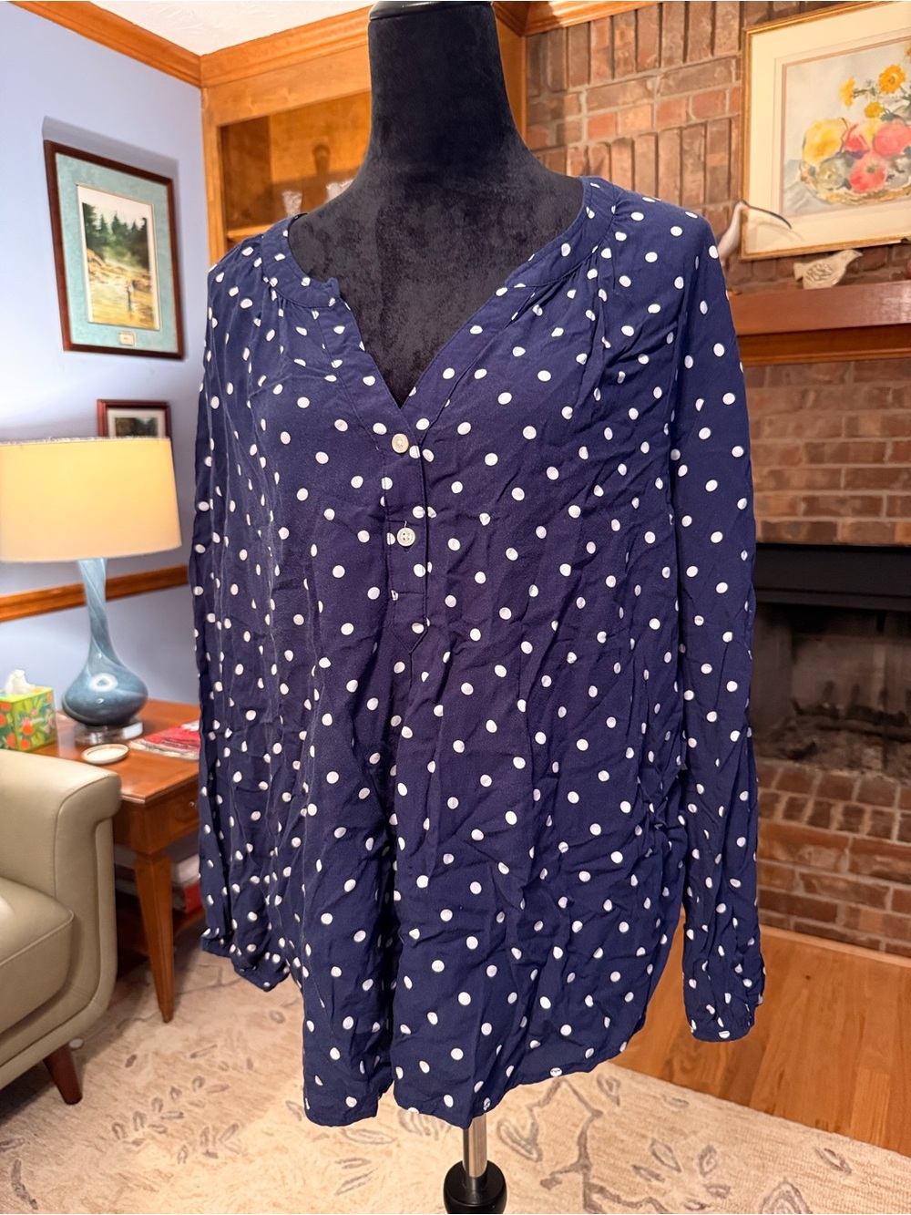 Old Navy Polka Dot Navy Button-Front Women's Top